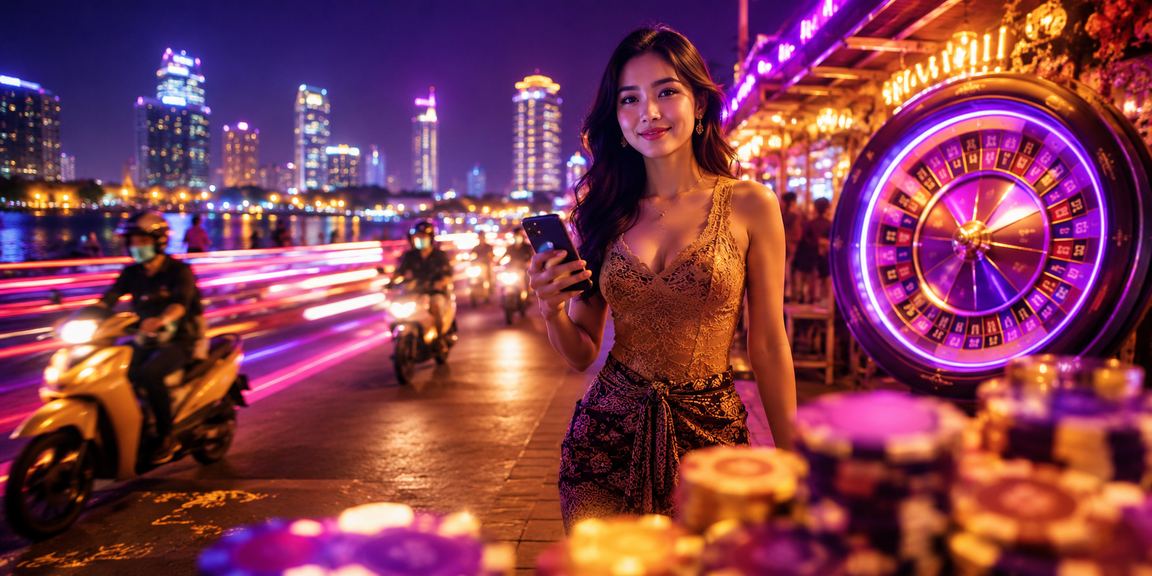 Meja roulette yang hidup di malam hari dengan suasana pasar malam sebagai hiburan